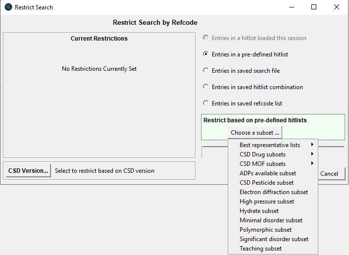 Screenshot showing the ConQuest Search Setup dialogue box.