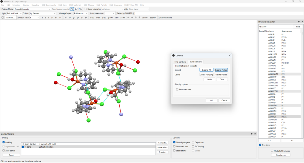 Screenshot of Mercury showing hydrogen bonds in a crystal structure.