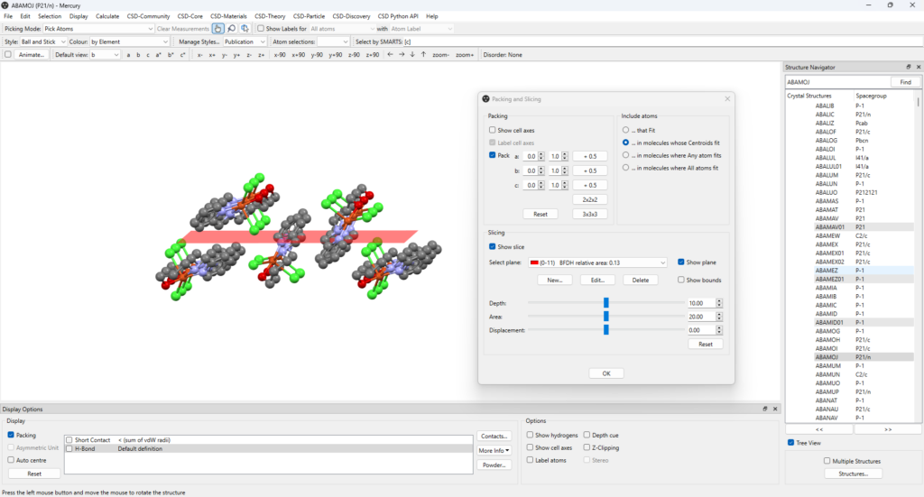 Screenshot of Mercury showing a plane of interest in a crystal structure.