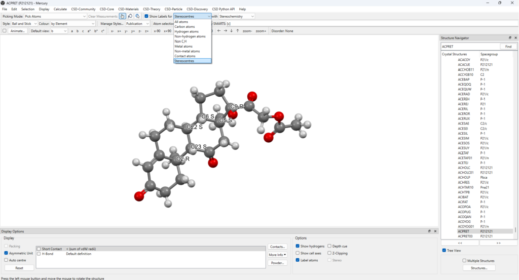 Screenshot of Mercury showing the stereocentres in a crystal structure.